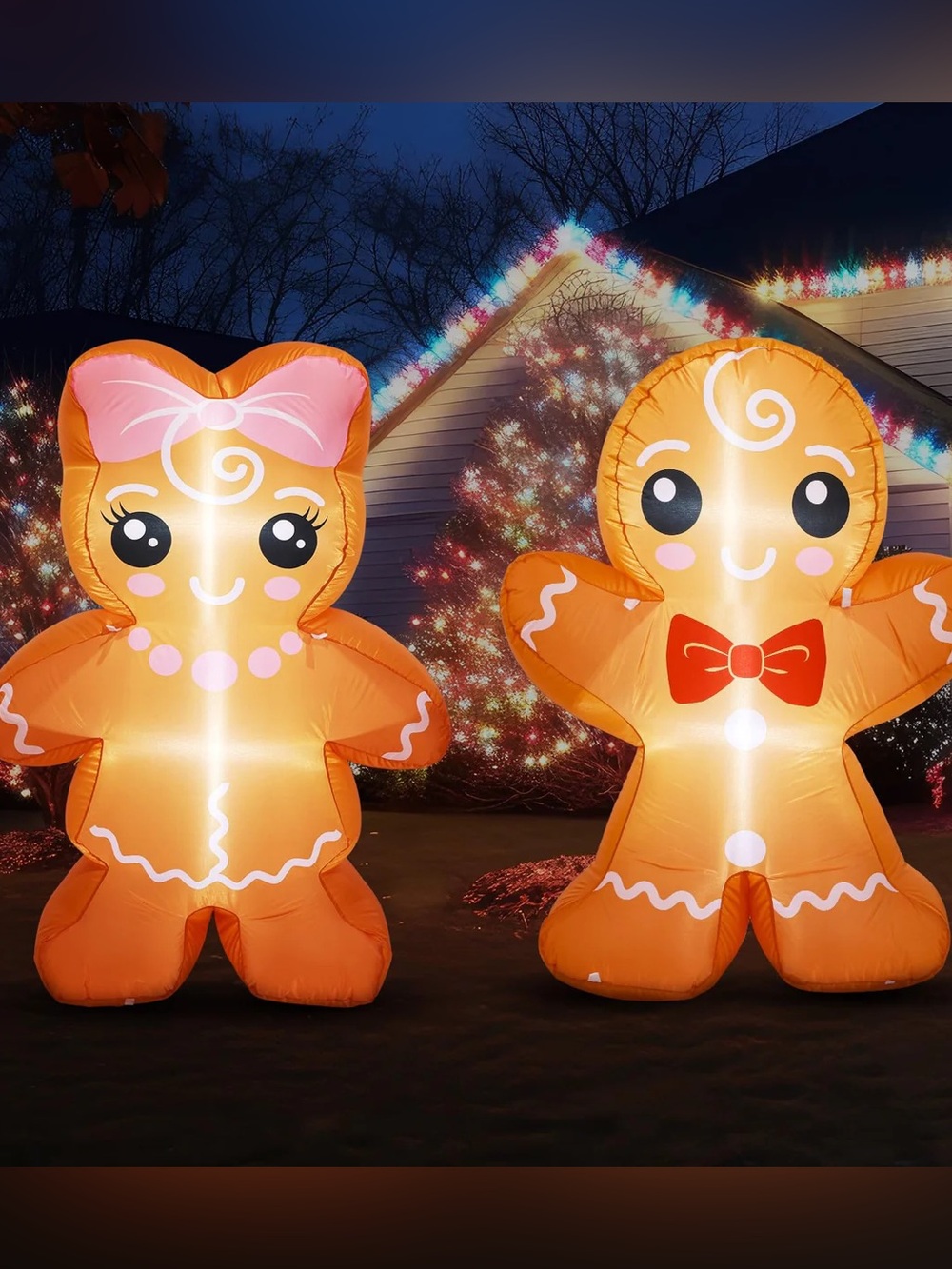 Giant Inflatable Gingerbread Couple - Orange with Pink & Red Accents